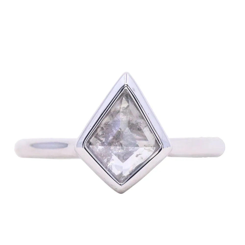 0.73ct Kite Shaped Light Grey Salt   Pepper Rosecut Diamond Contemporary Bezel Solitaire in 14k White Gold