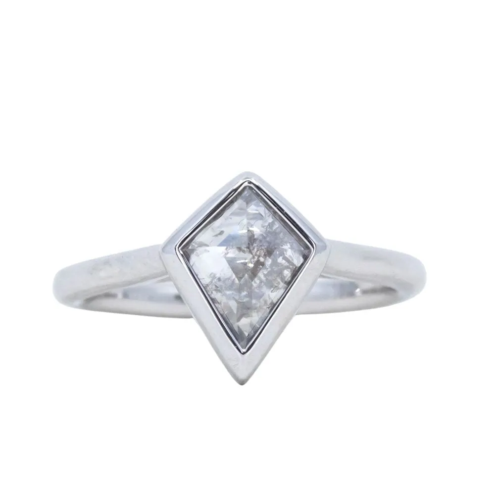 0.73ct Kite Shaped Light Grey Salt   Pepper Rosecut Diamond Contemporary Bezel Solitaire in 14k White Gold