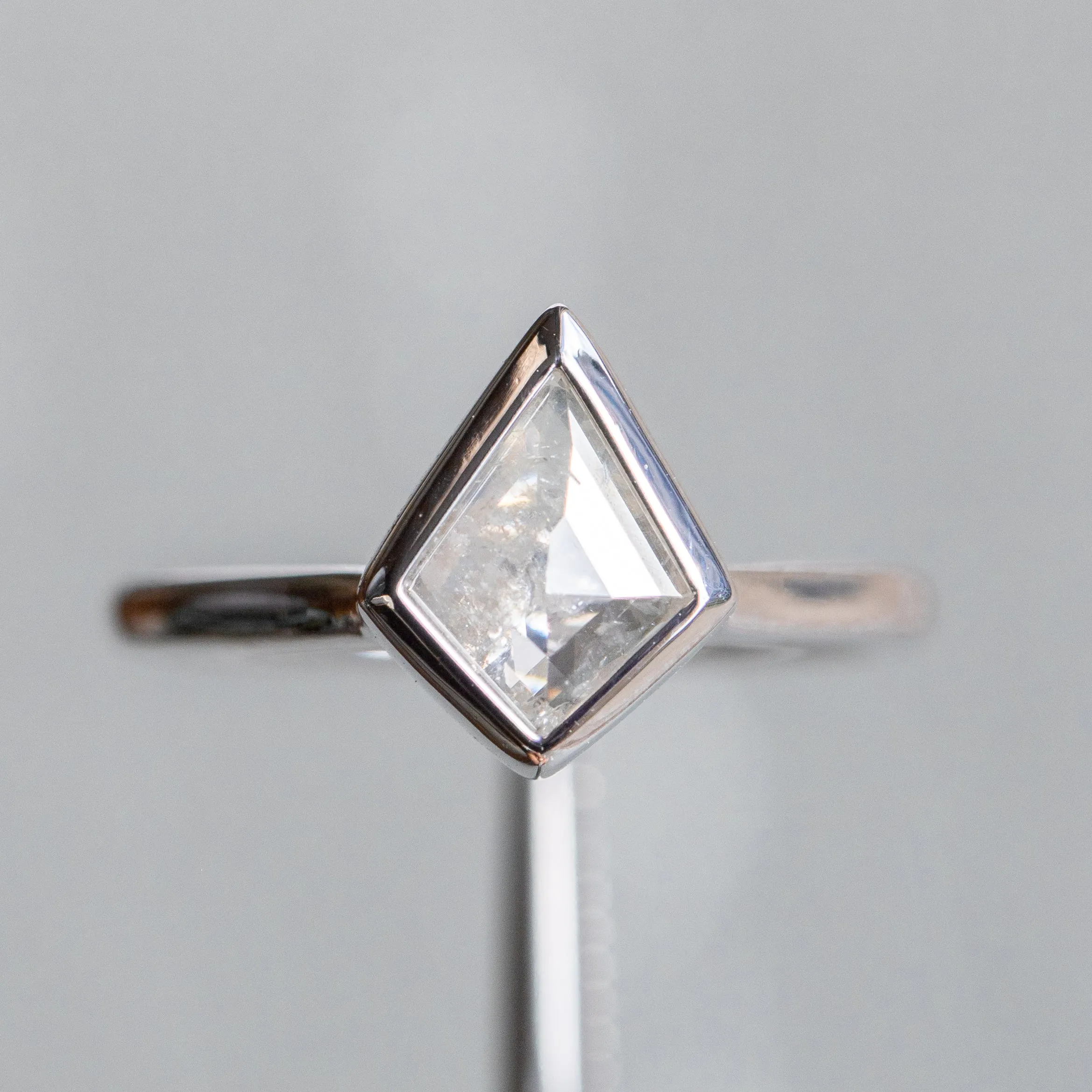 0.73ct Kite Shaped Light Grey Salt   Pepper Rosecut Diamond Contemporary Bezel Solitaire in 14k White Gold