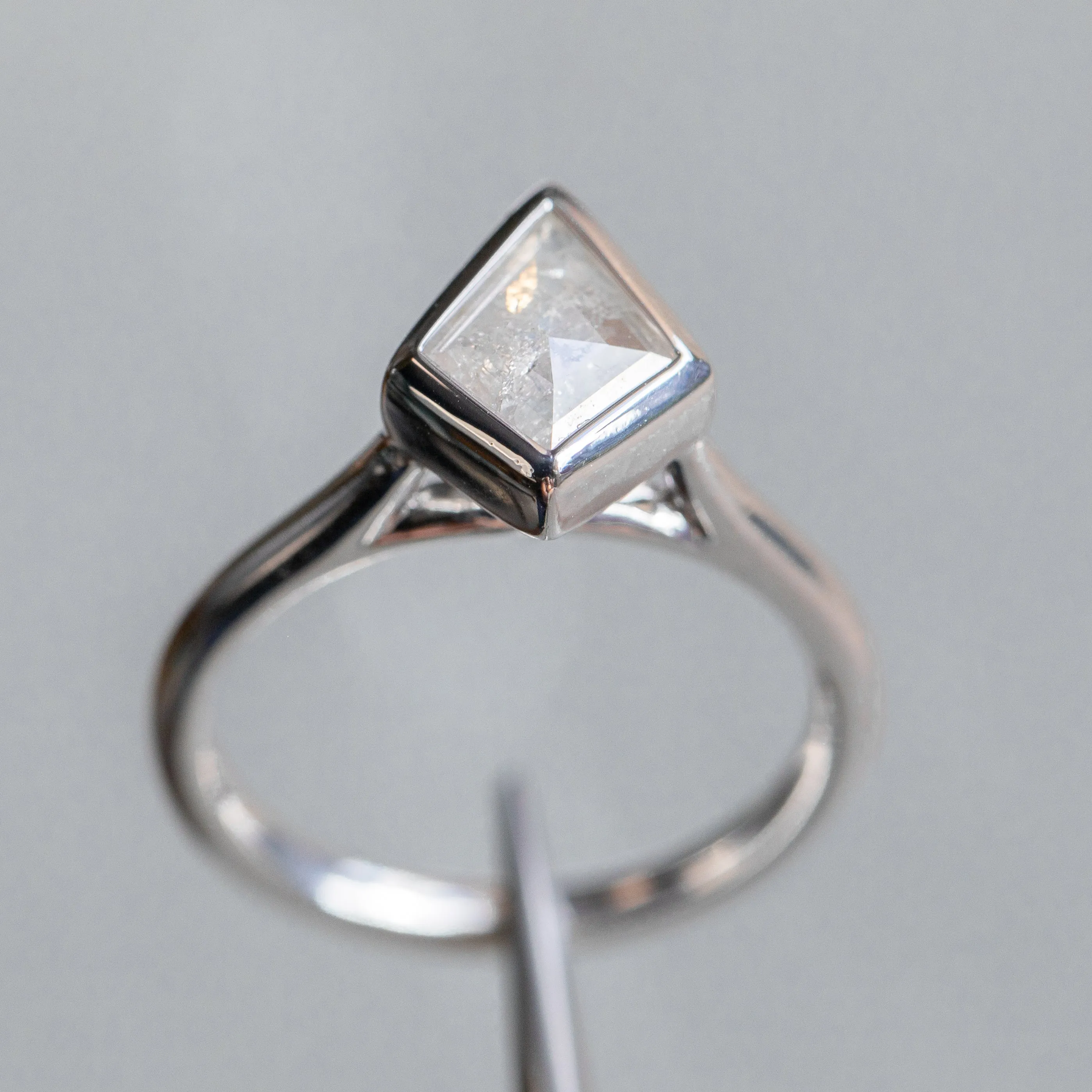 0.73ct Kite Shaped Light Grey Salt   Pepper Rosecut Diamond Contemporary Bezel Solitaire in 14k White Gold