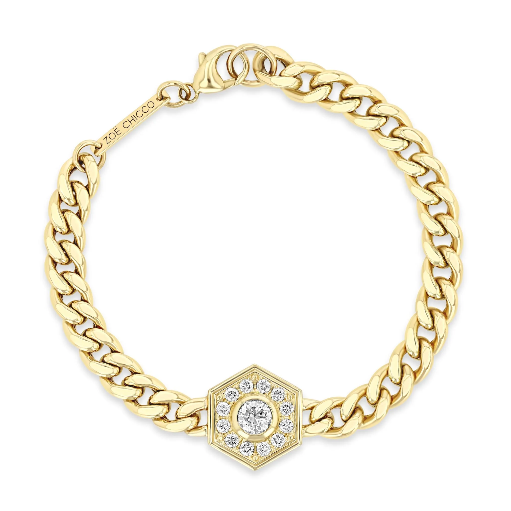 14k Large Curb Chain Diamond Hexagon Halo Bracelet