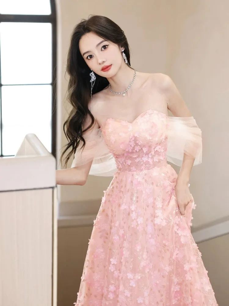 A-Line Off Shoulder Pink Long Prom Dress, Pink Long Graduation Dress