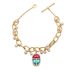 AMMANII Scarab Amulet Charm Link Bracelet with Freshwater Pearls in Vermeil Gold