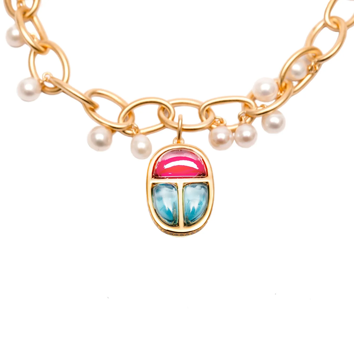 AMMANII Scarab Amulet Charm Link Bracelet with Freshwater Pearls in Vermeil Gold