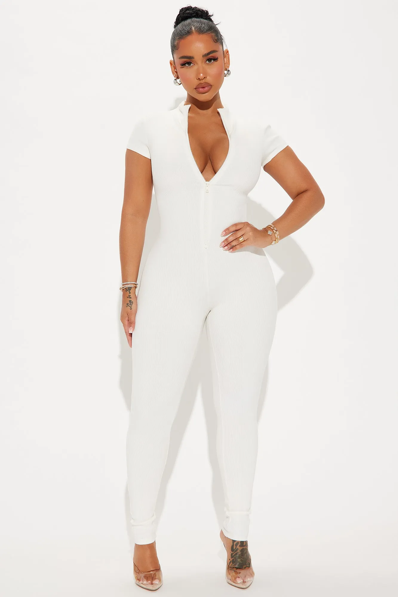 Anabel Short Sleeve Snatched Jumpsuit - Off White