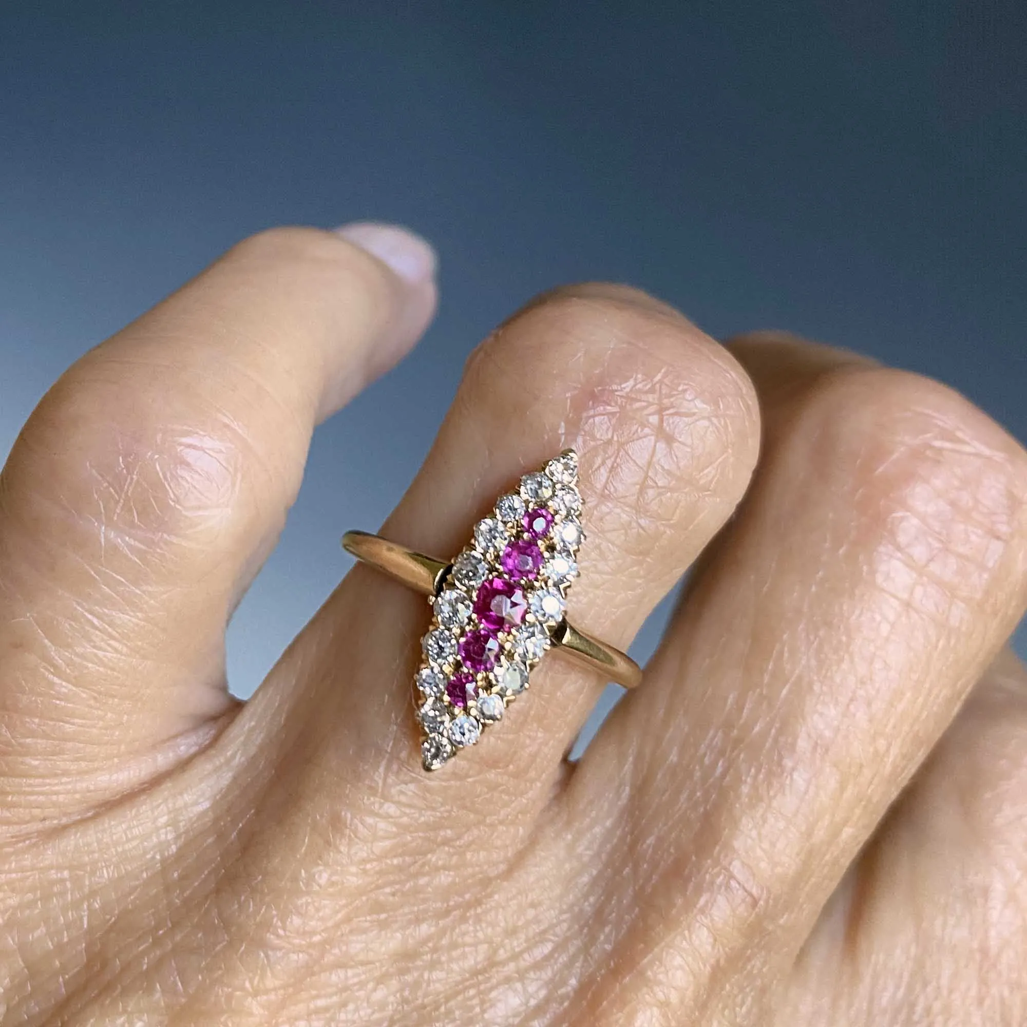 Antique Diamond Ruby Navette Ring in 18K Gold