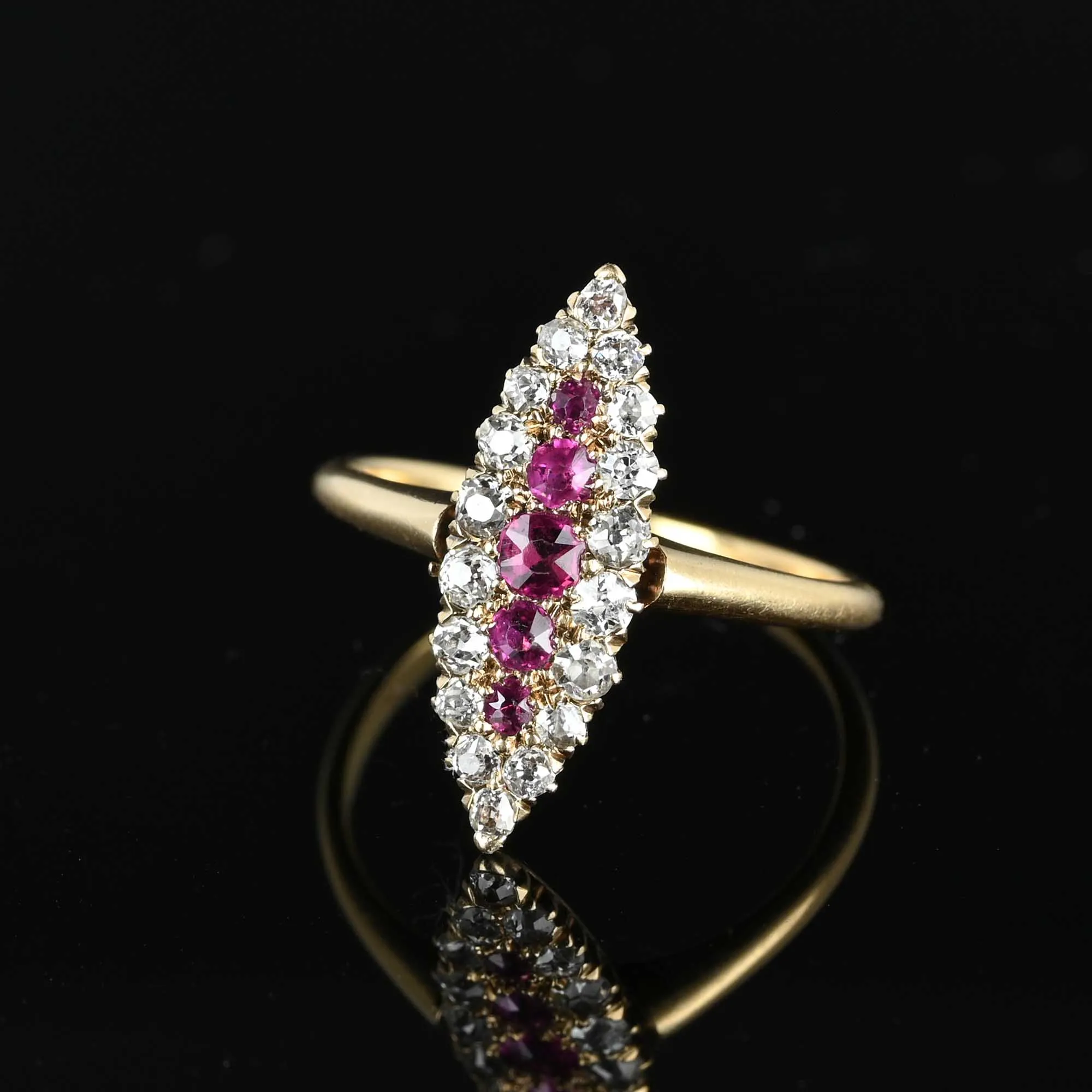 Antique Diamond Ruby Navette Ring in 18K Gold