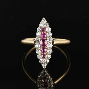 Antique Diamond Ruby Navette Ring in 18K Gold