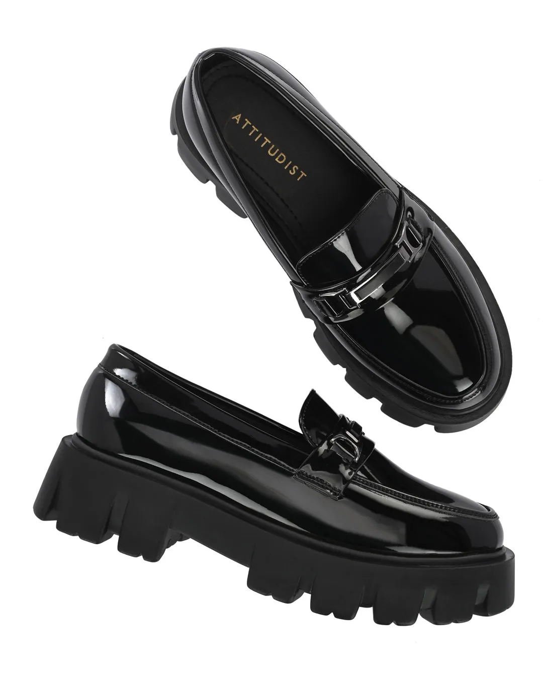 Attitudist Unisex Black Super Glossy Horsbit High Heel Slip-On Shoes