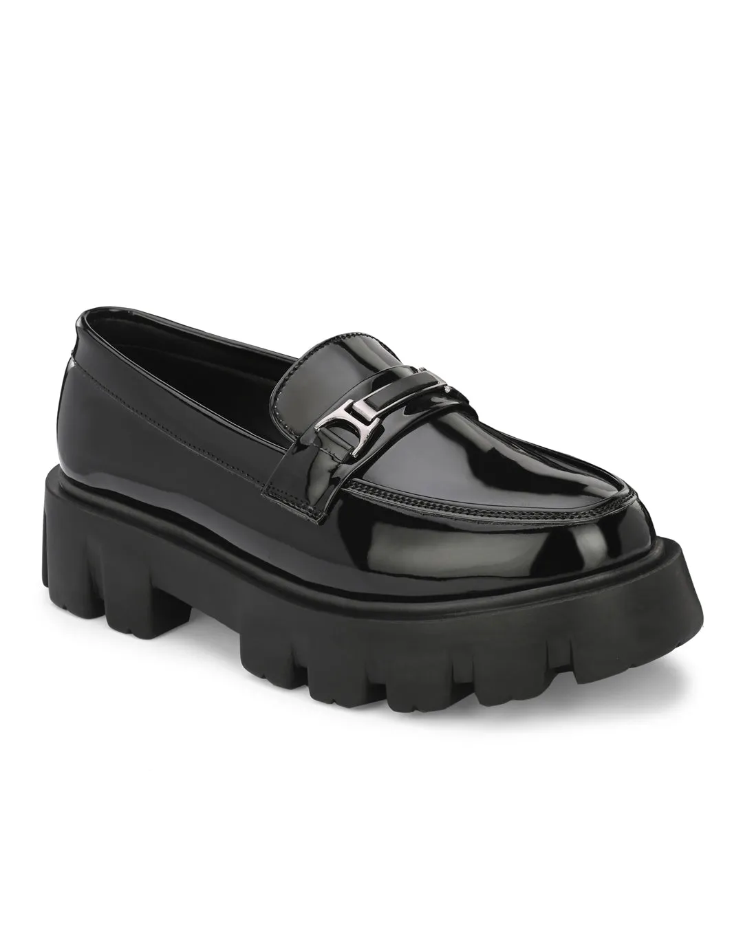 Attitudist Unisex Black Super Glossy Horsbit High Heel Slip-On Shoes