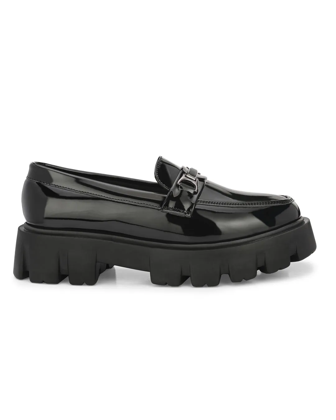 Attitudist Unisex Black Super Glossy Horsbit High Heel Slip-On Shoes