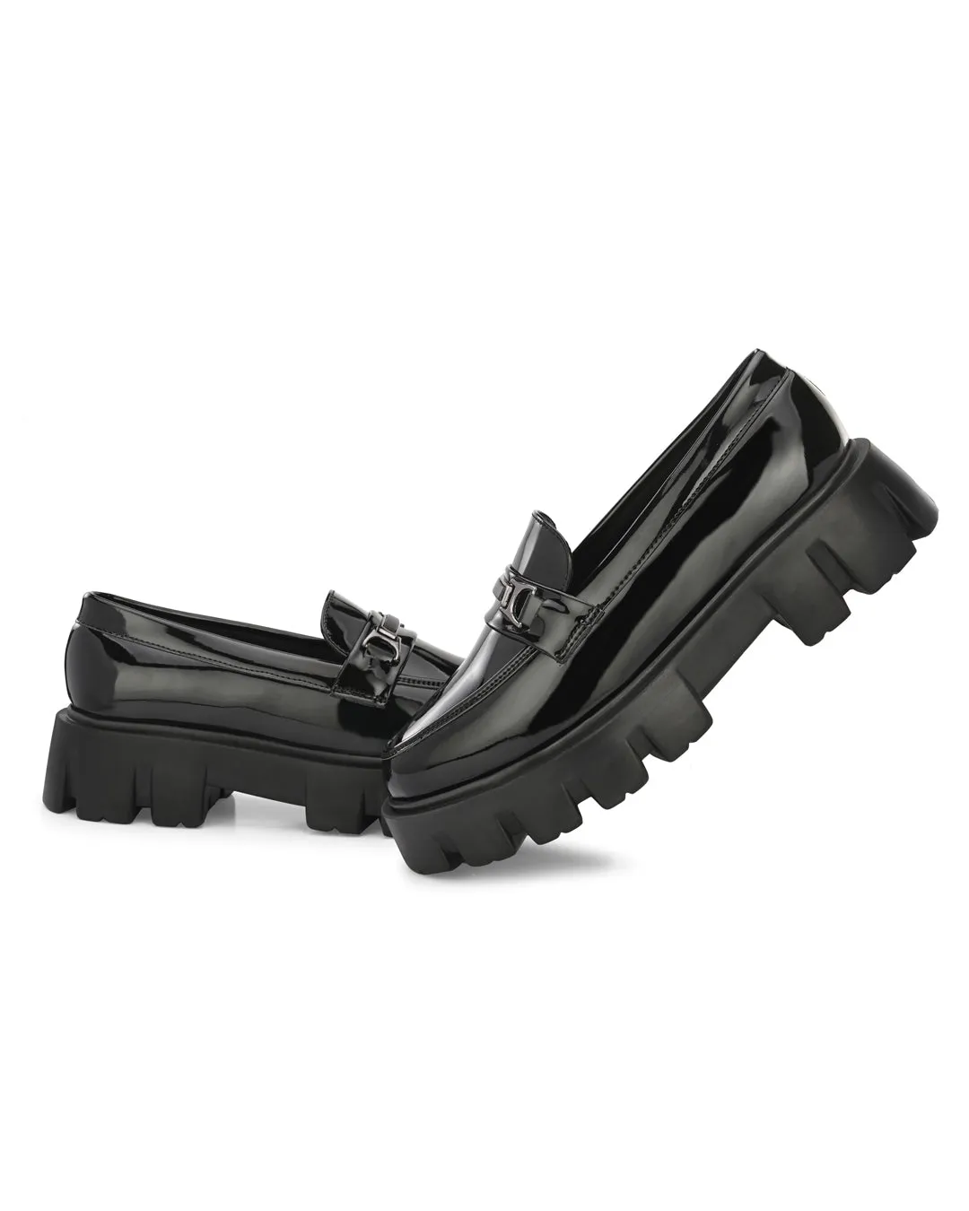 Attitudist Unisex Black Super Glossy Horsbit High Heel Slip-On Shoes