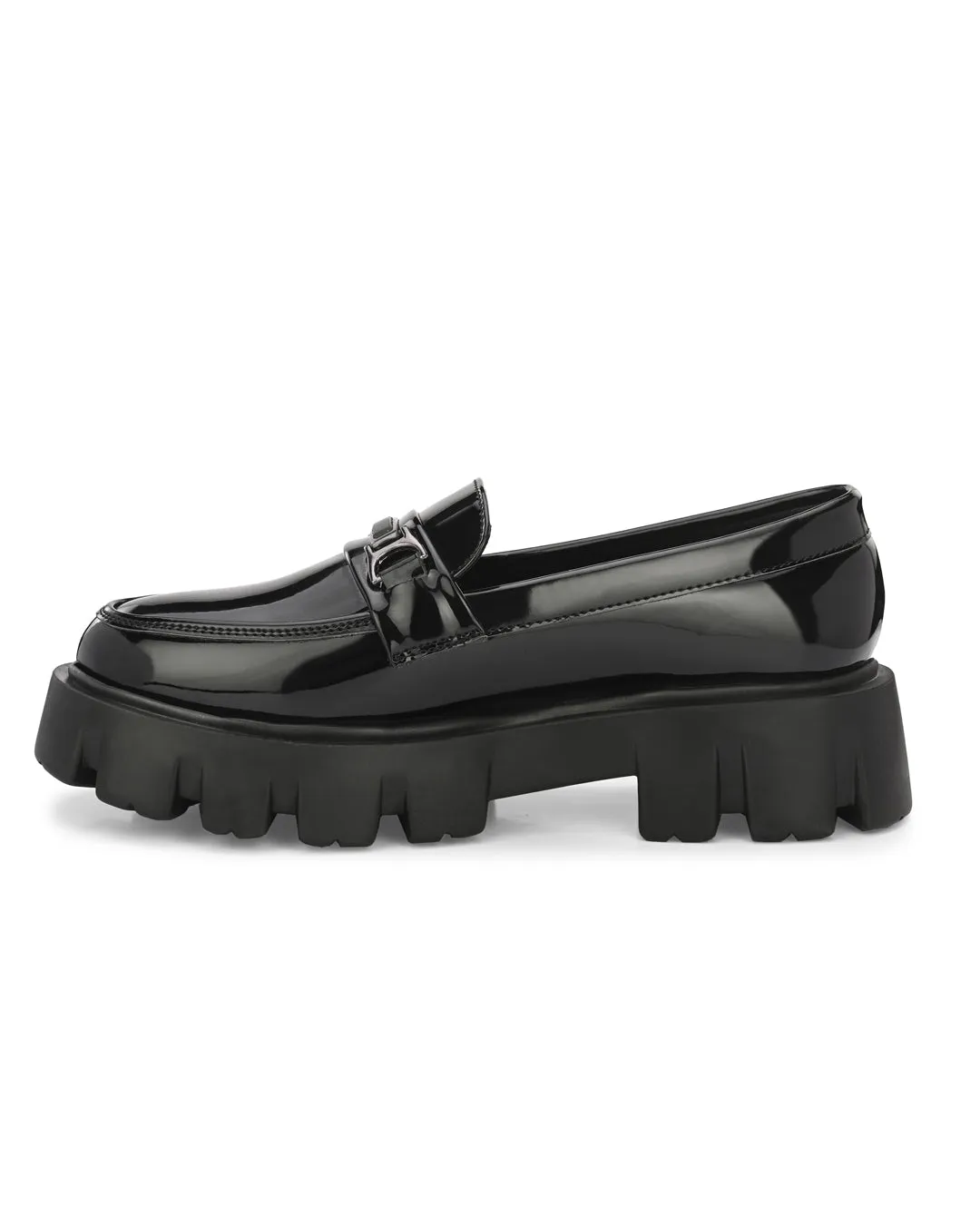 Attitudist Unisex Black Super Glossy Horsbit High Heel Slip-On Shoes