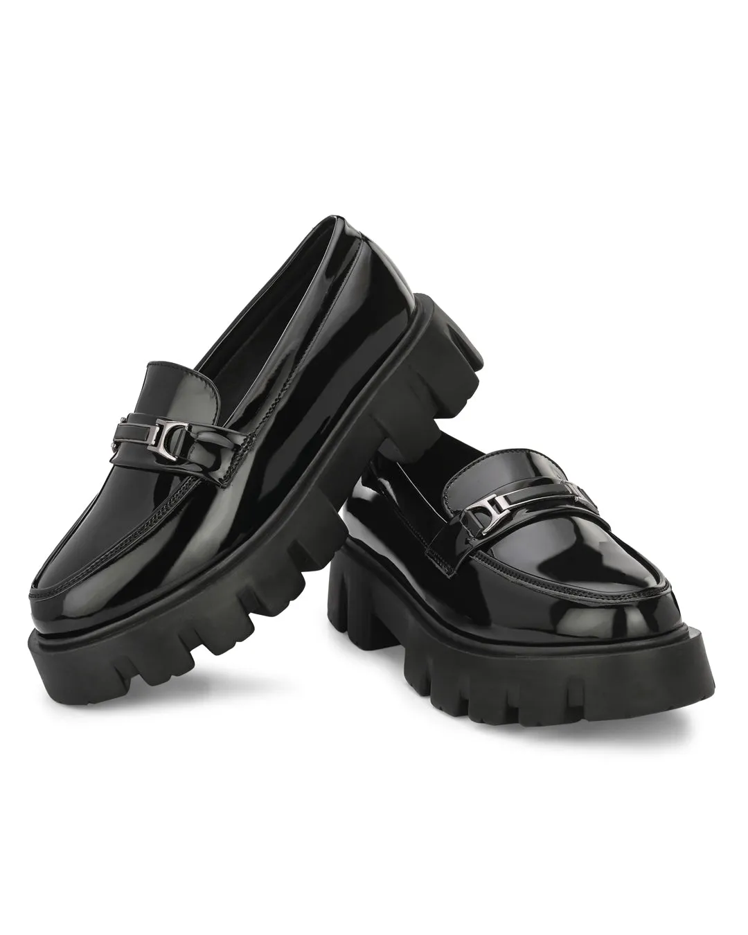 Attitudist Unisex Black Super Glossy Horsbit High Heel Slip-On Shoes