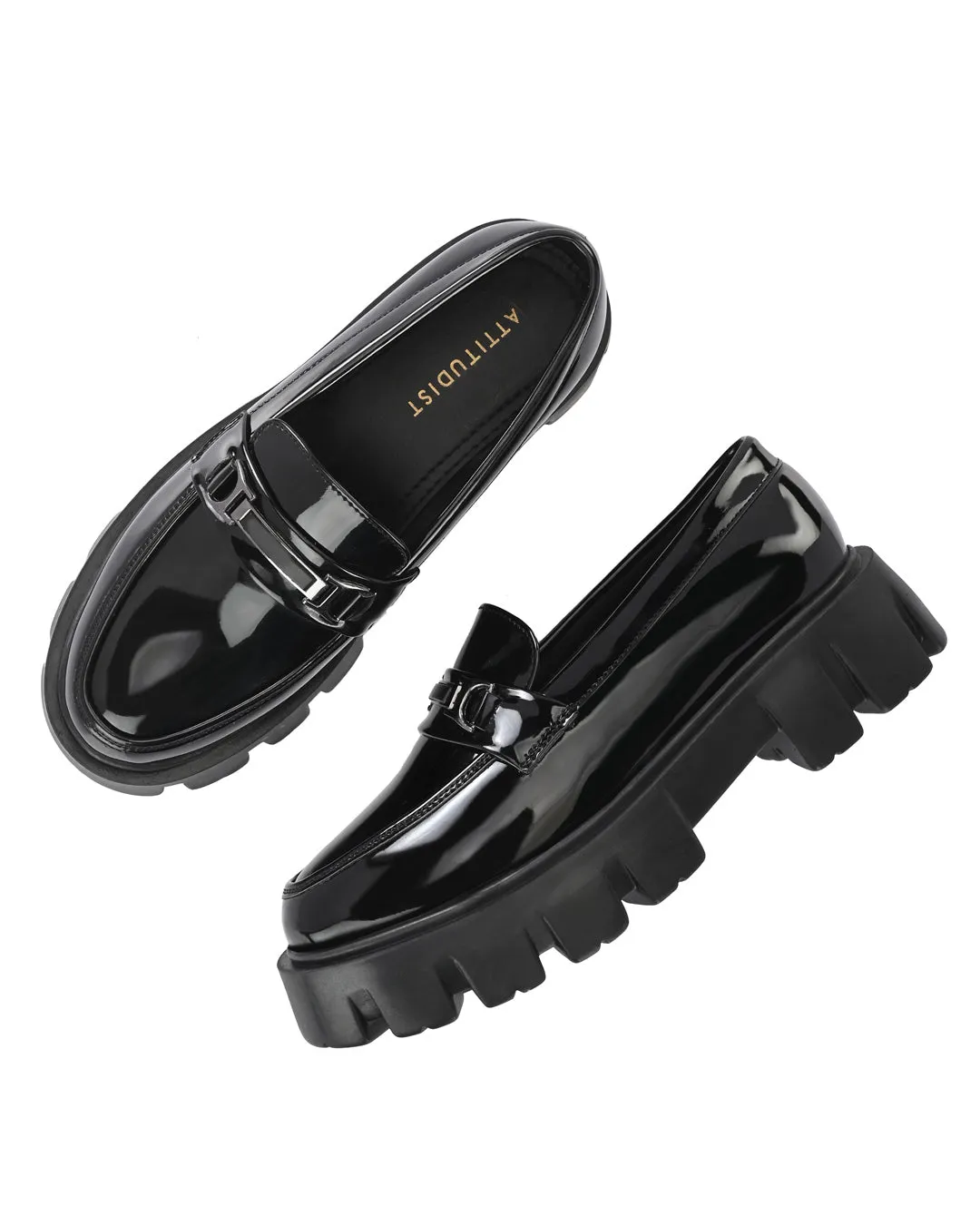 Attitudist Unisex Black Super Glossy Horsbit High Heel Slip-On Shoes