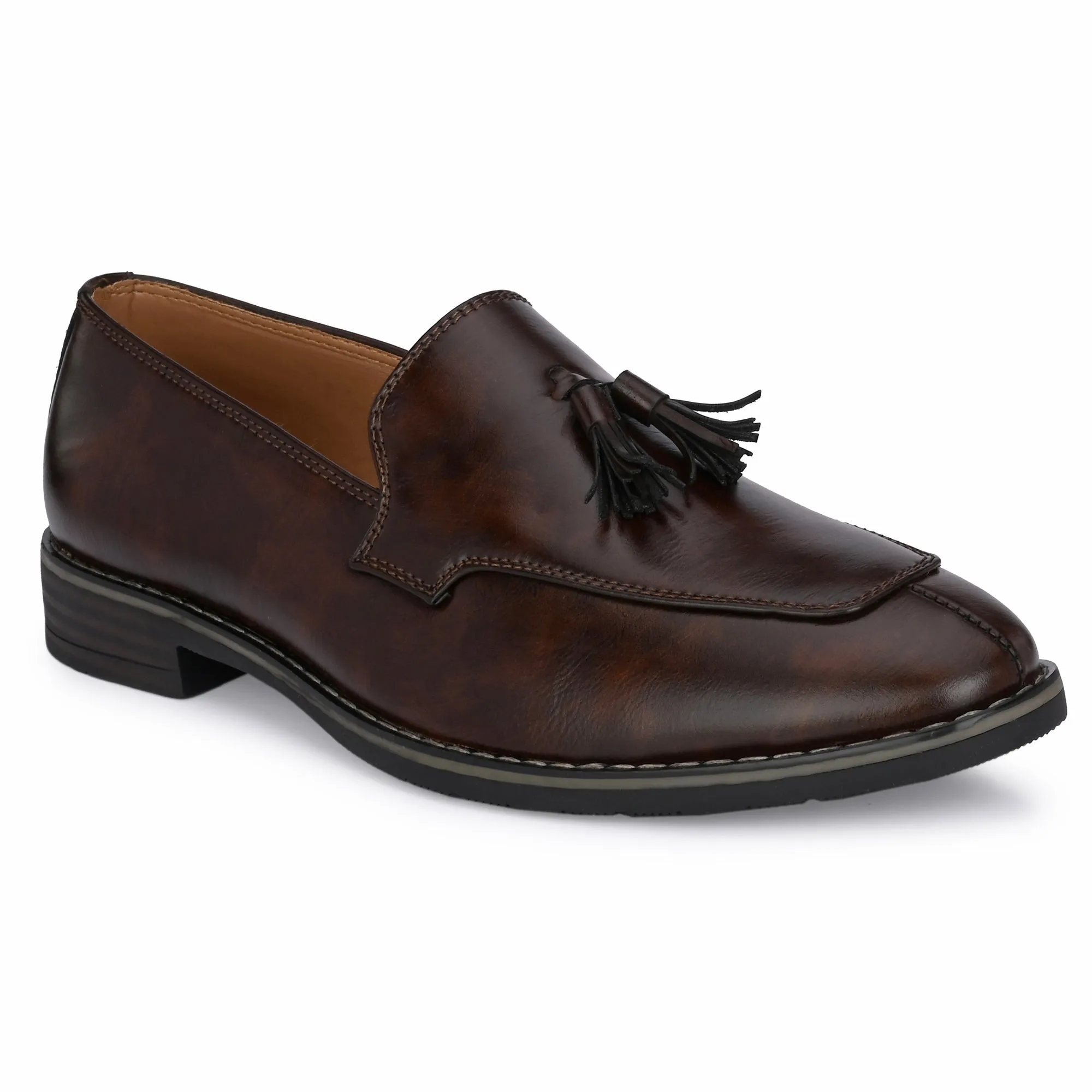 Attitudist Unisex Handcrafted Brown Plain Tassel Loafer With Double Stitched Vamp