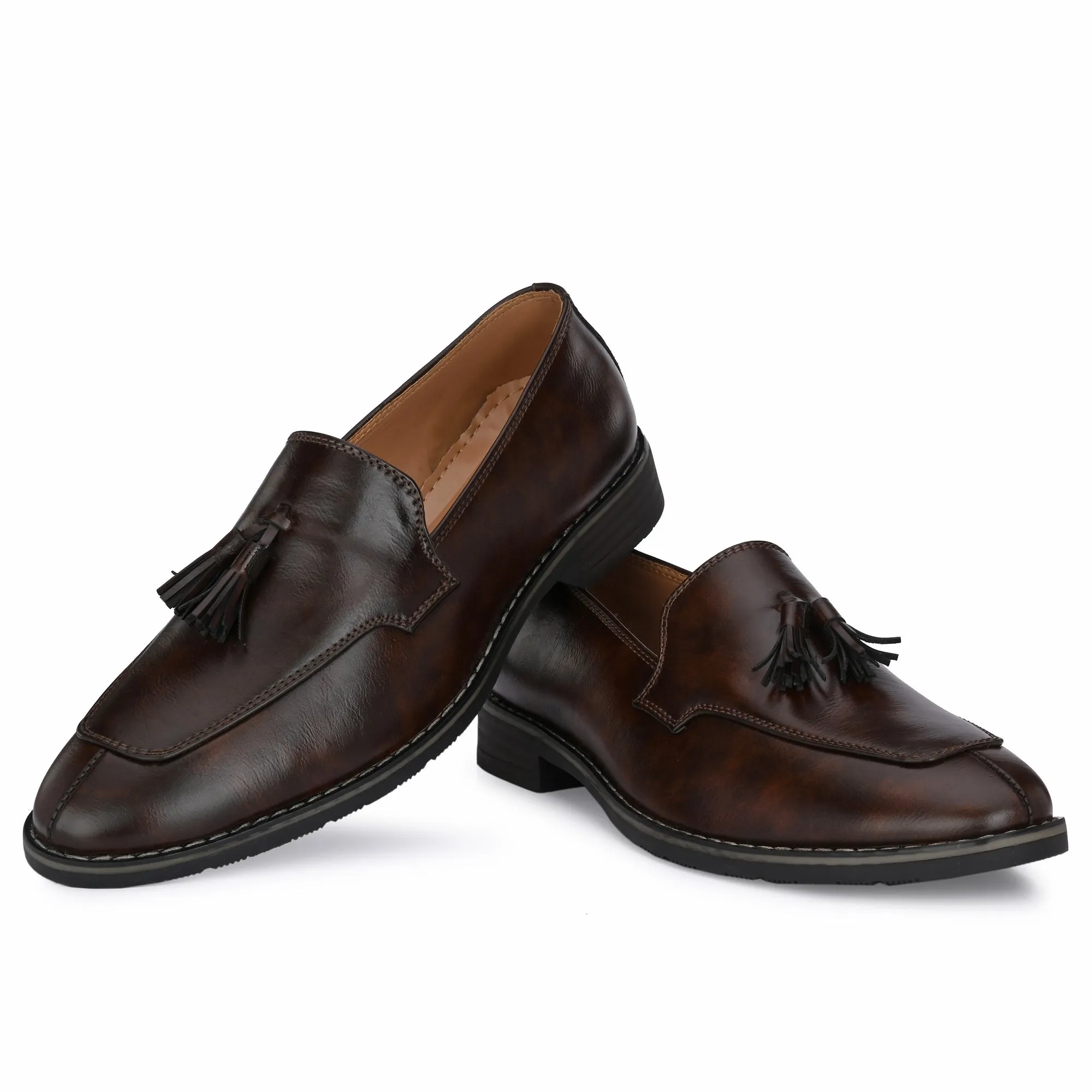 Attitudist Unisex Handcrafted Brown Plain Tassel Loafer With Double Stitched Vamp