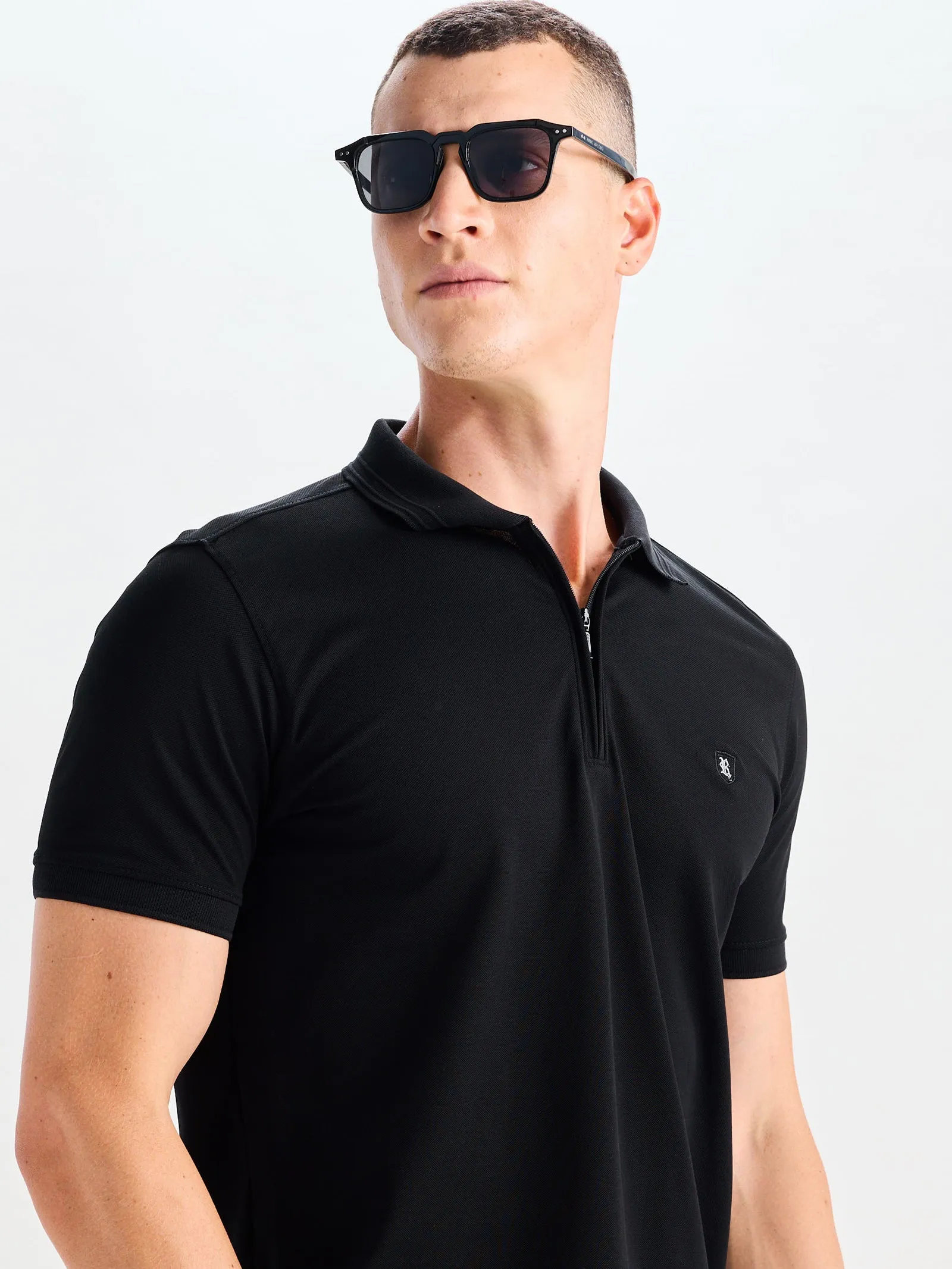 Black Mercerised Cotton Zip Polo T-Shirt