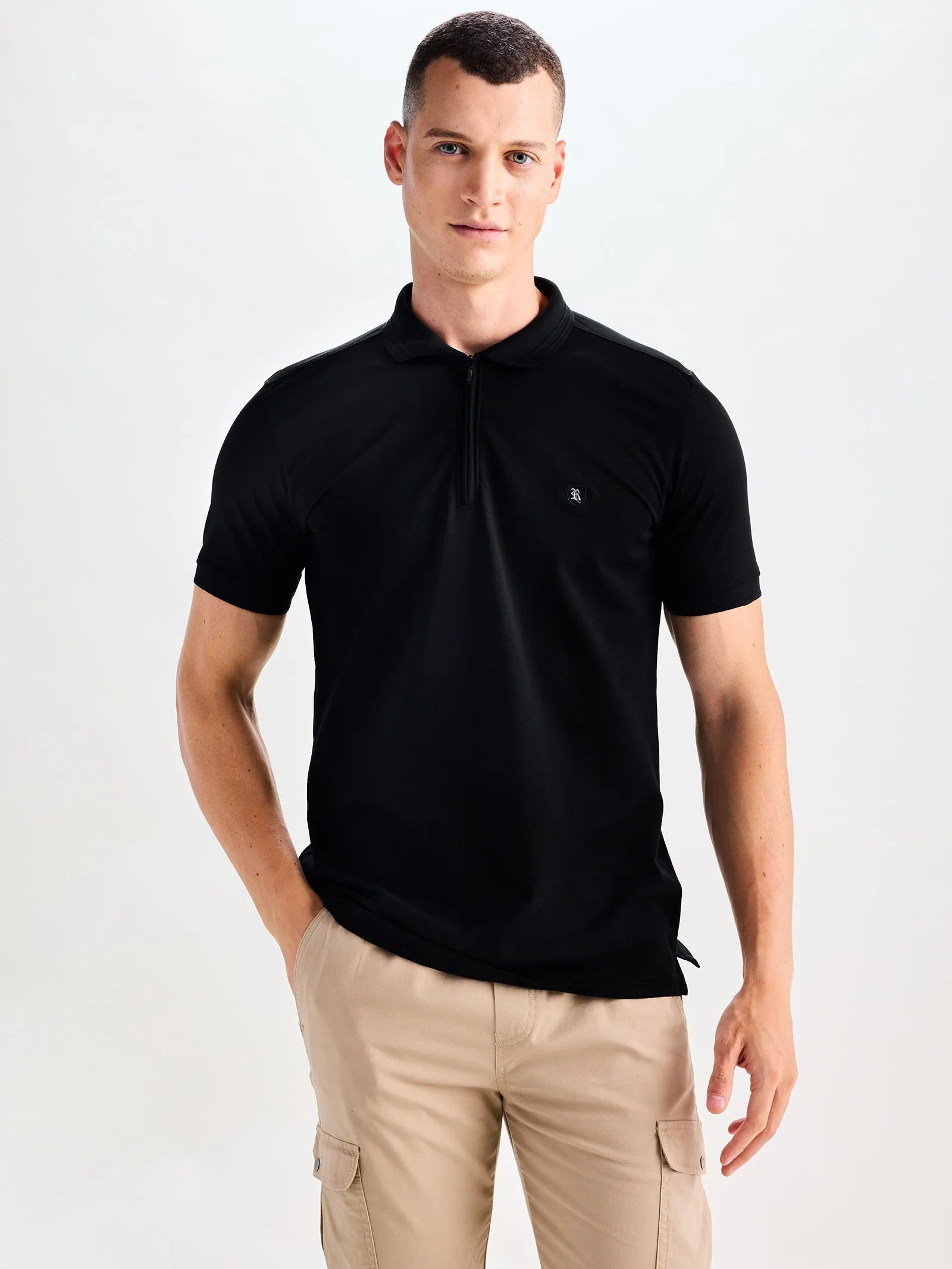 Black Mercerised Cotton Zip Polo T-Shirt