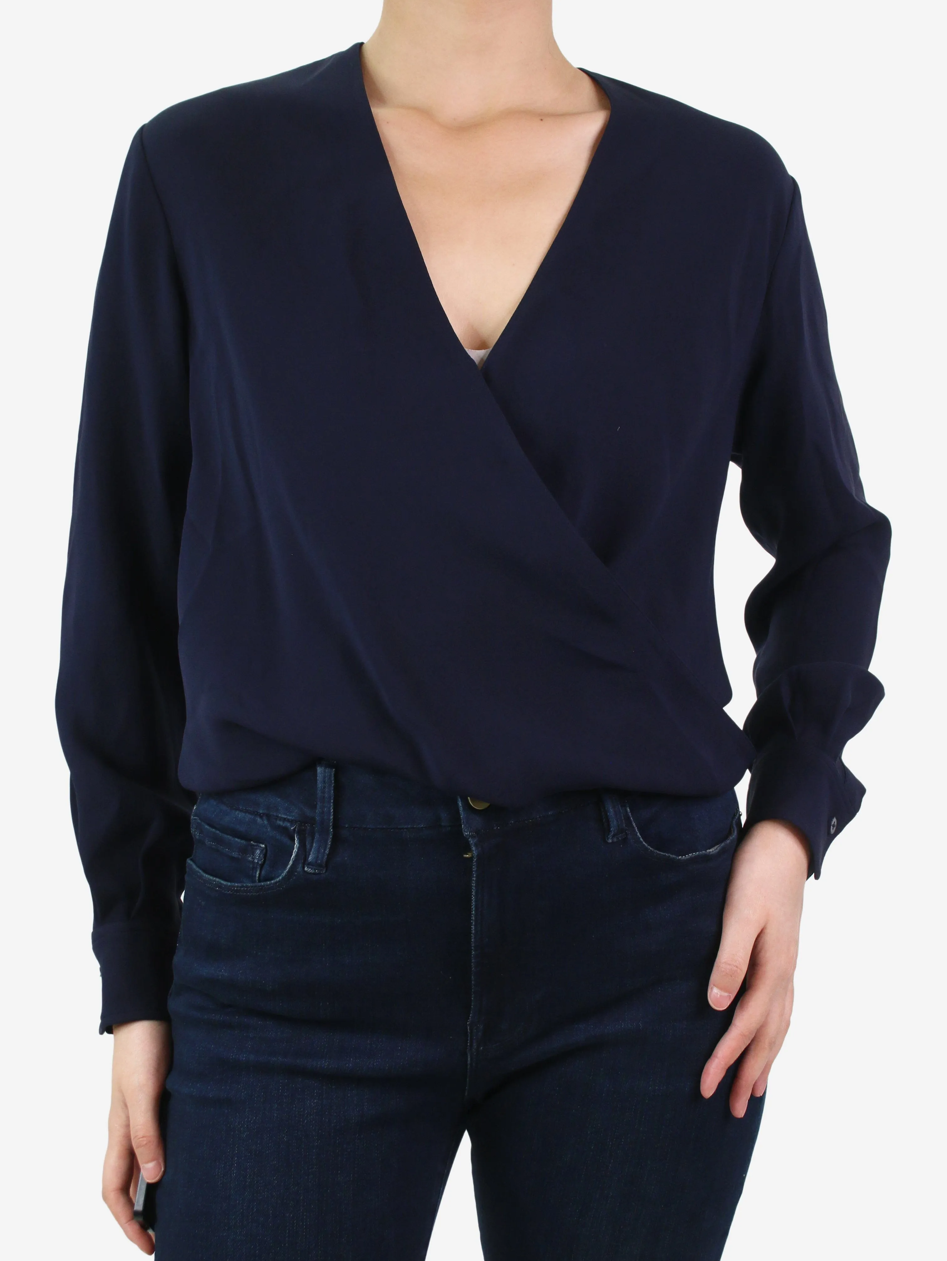 Blue long-sleeved ruched top - size UK 8