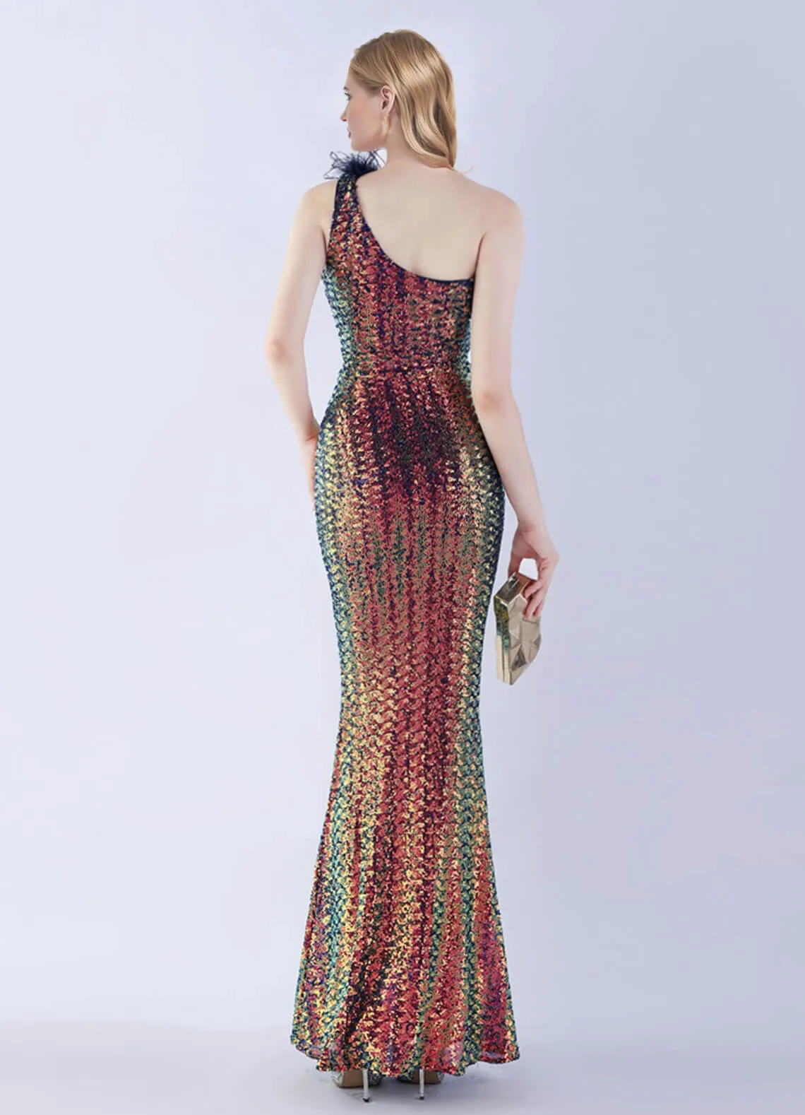 Blue Multi Luxury One Shoulder Feather Sequin Mermaid Formal Gown