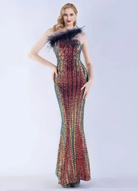 Blue Multi Luxury One Shoulder Feather Sequin Mermaid Formal Gown