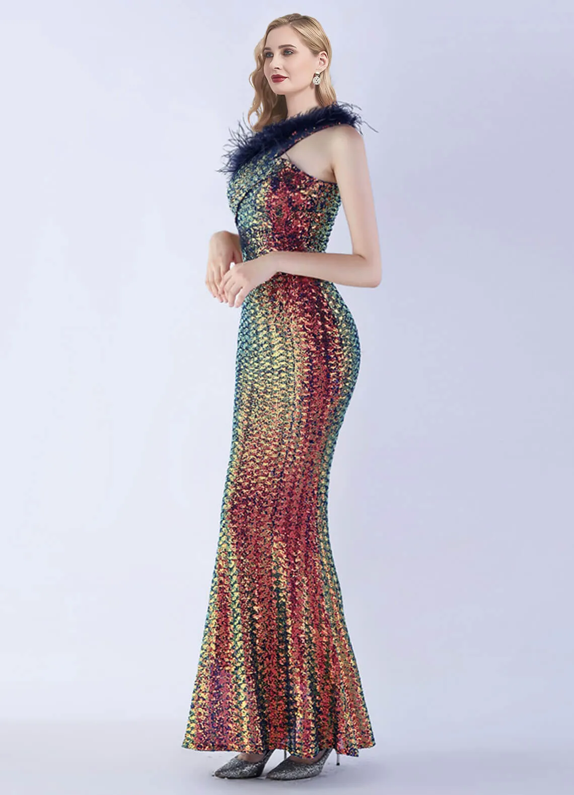 Blue Multi Luxury One Shoulder Feather Sequin Mermaid Formal Gown