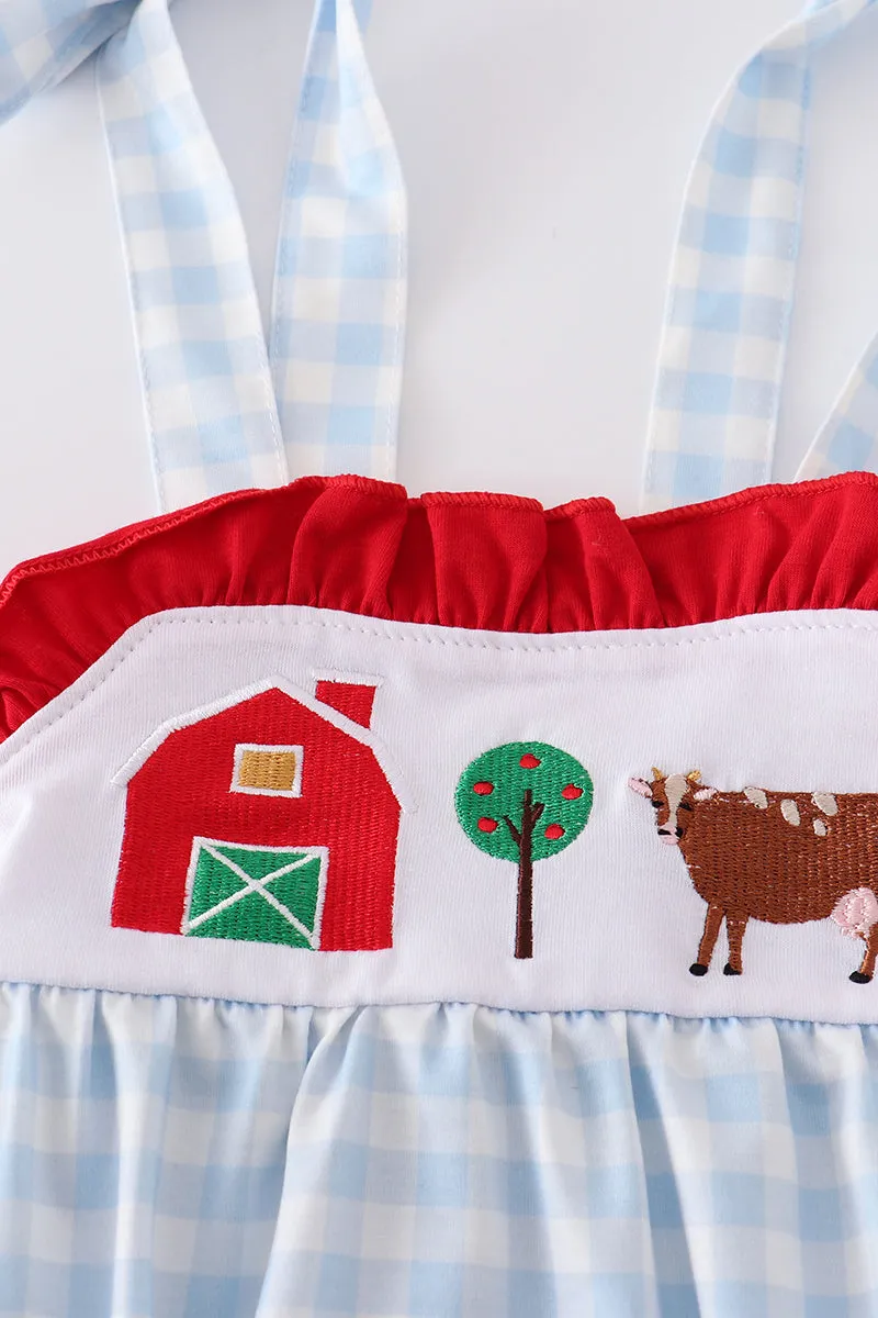 Blue plaid farm embroidery girl bubble