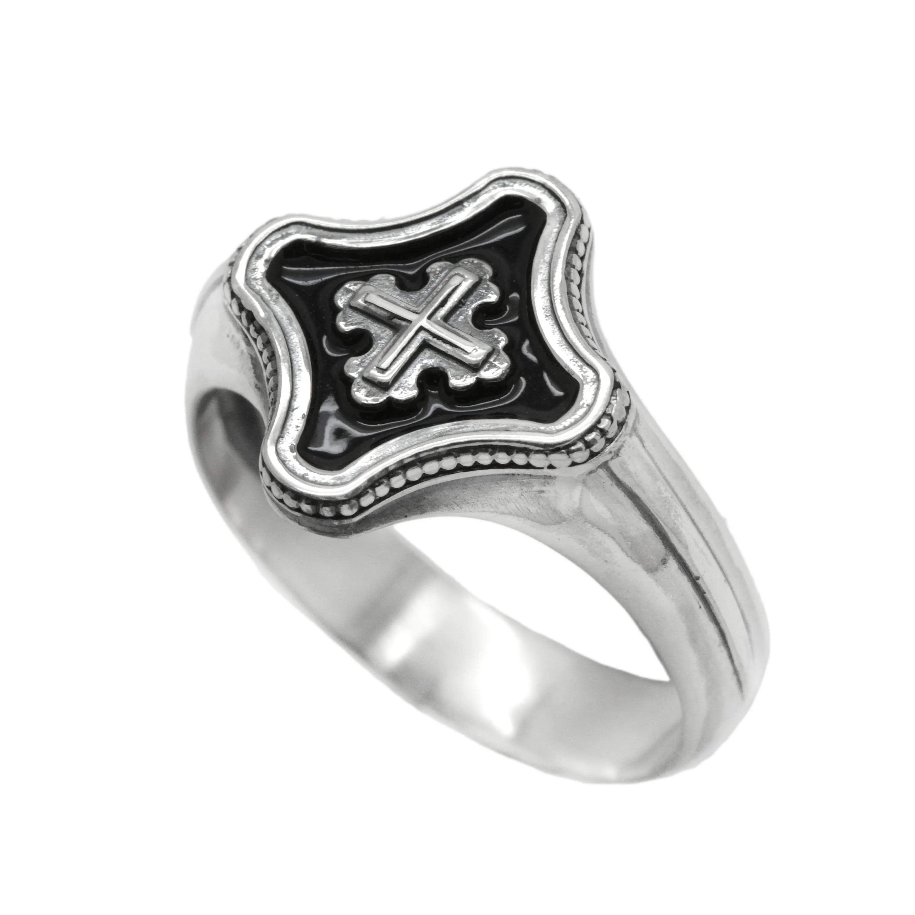 Clover Christian Cross Unisex Ring Silver 925 with Black Enamel