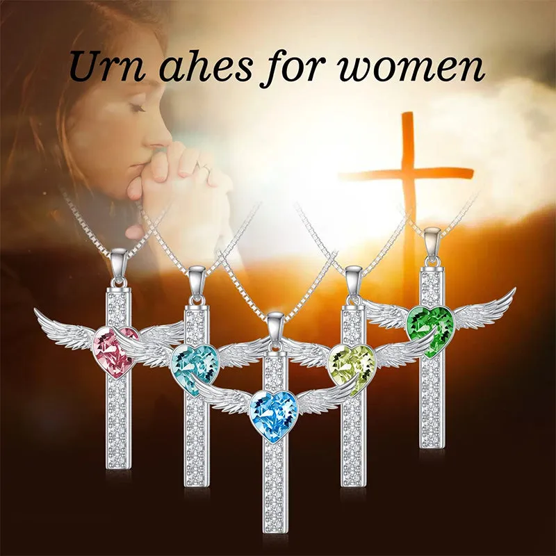 Cross Urn Necklaces for Ashes for Women S925 Sterling Silver Wing Cross Memorial Keepsake Urn Pendant with Heart Crystal