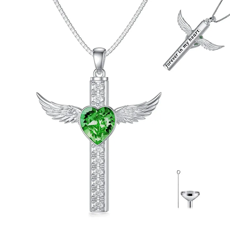 Cross Urn Necklaces for Ashes for Women S925 Sterling Silver Wing Cross Memorial Keepsake Urn Pendant with Heart Crystal