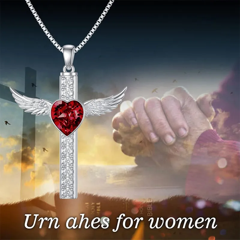 Cross Urn Necklaces for Ashes for Women S925 Sterling Silver Wing Cross Memorial Keepsake Urn Pendant with Heart Crystal