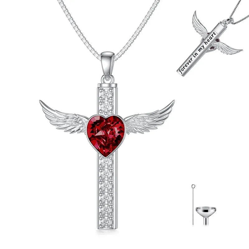 Cross Urn Necklaces for Ashes for Women S925 Sterling Silver Wing Cross Memorial Keepsake Urn Pendant with Heart Crystal