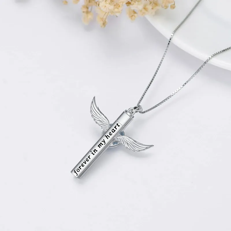 Cross Urn Necklaces for Ashes for Women S925 Sterling Silver Wing Cross Memorial Keepsake Urn Pendant with Heart Crystal