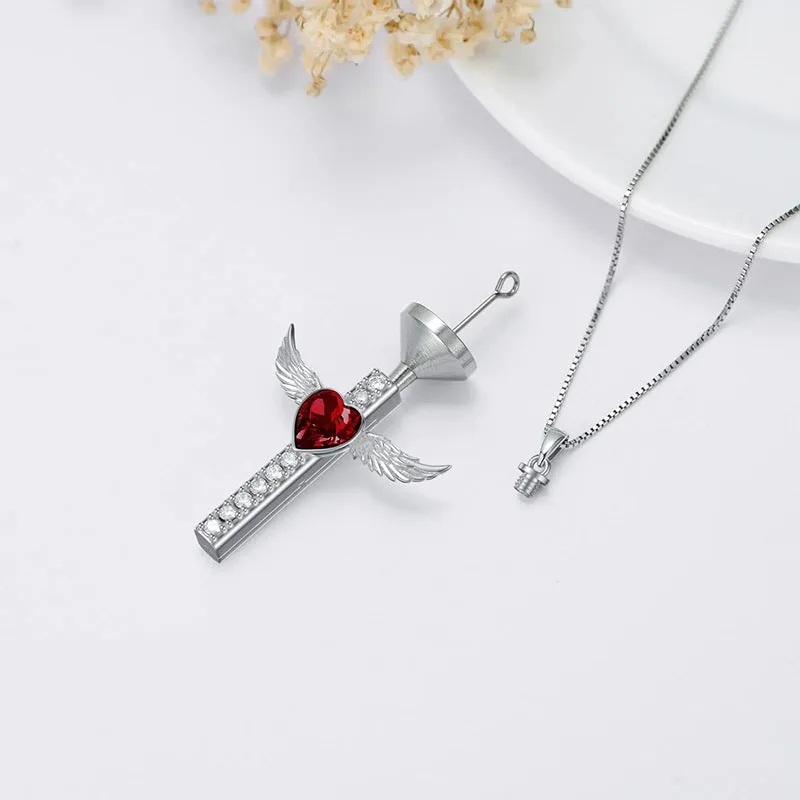 Cross Urn Necklaces for Ashes for Women S925 Sterling Silver Wing Cross Memorial Keepsake Urn Pendant with Heart Crystal