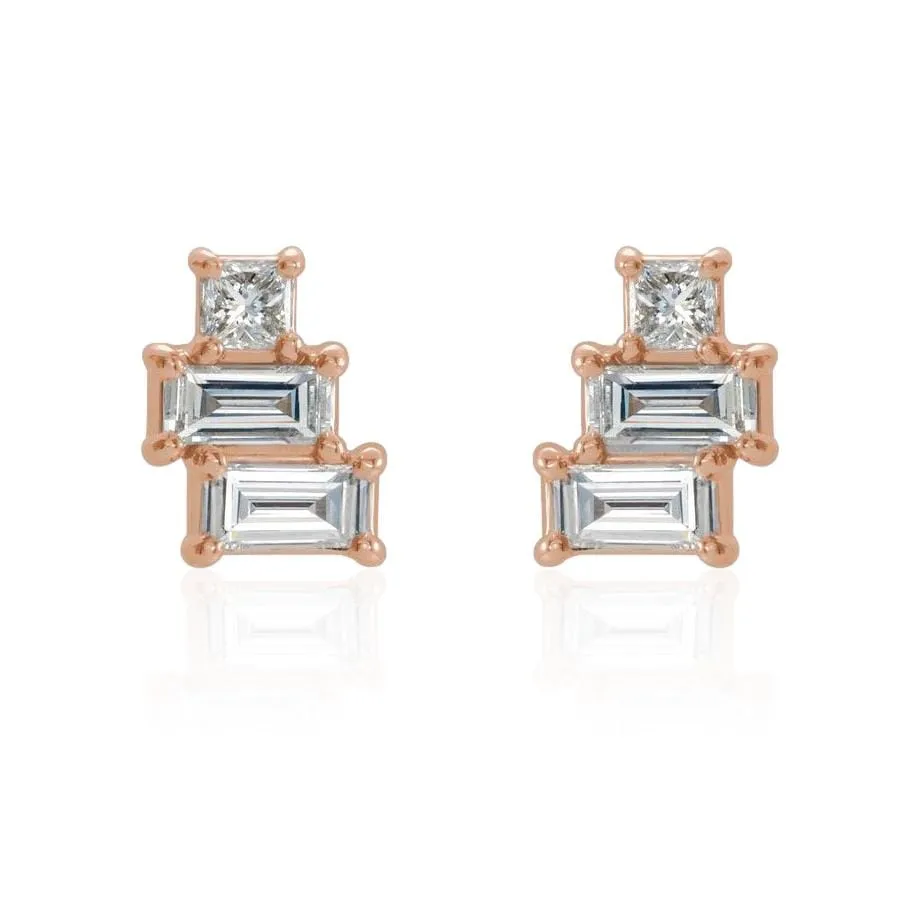 Geometric Art Deco Inspired Baguette and Princess Diamond Cluster Stud Earrings