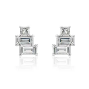 Geometric Art Deco Inspired Baguette and Princess Diamond Cluster Stud Earrings