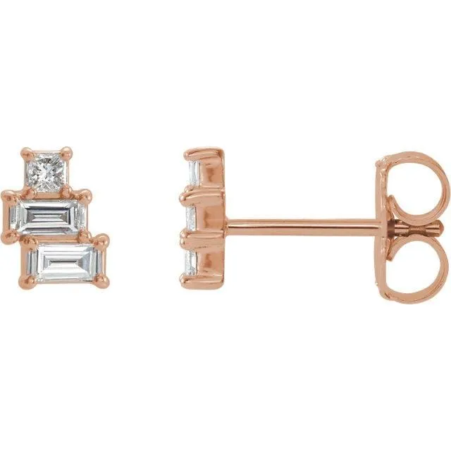 Geometric Art Deco Inspired Baguette and Princess Diamond Cluster Stud Earrings