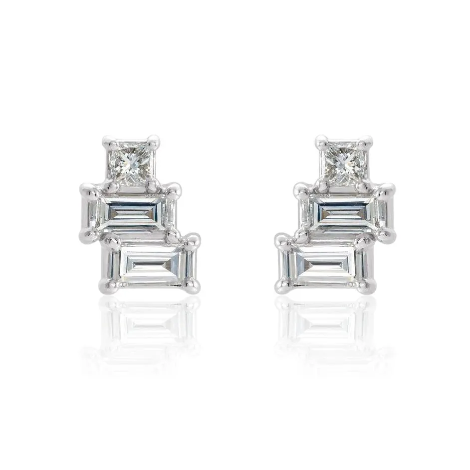 Geometric Art Deco Inspired Baguette and Princess Diamond Cluster Stud Earrings