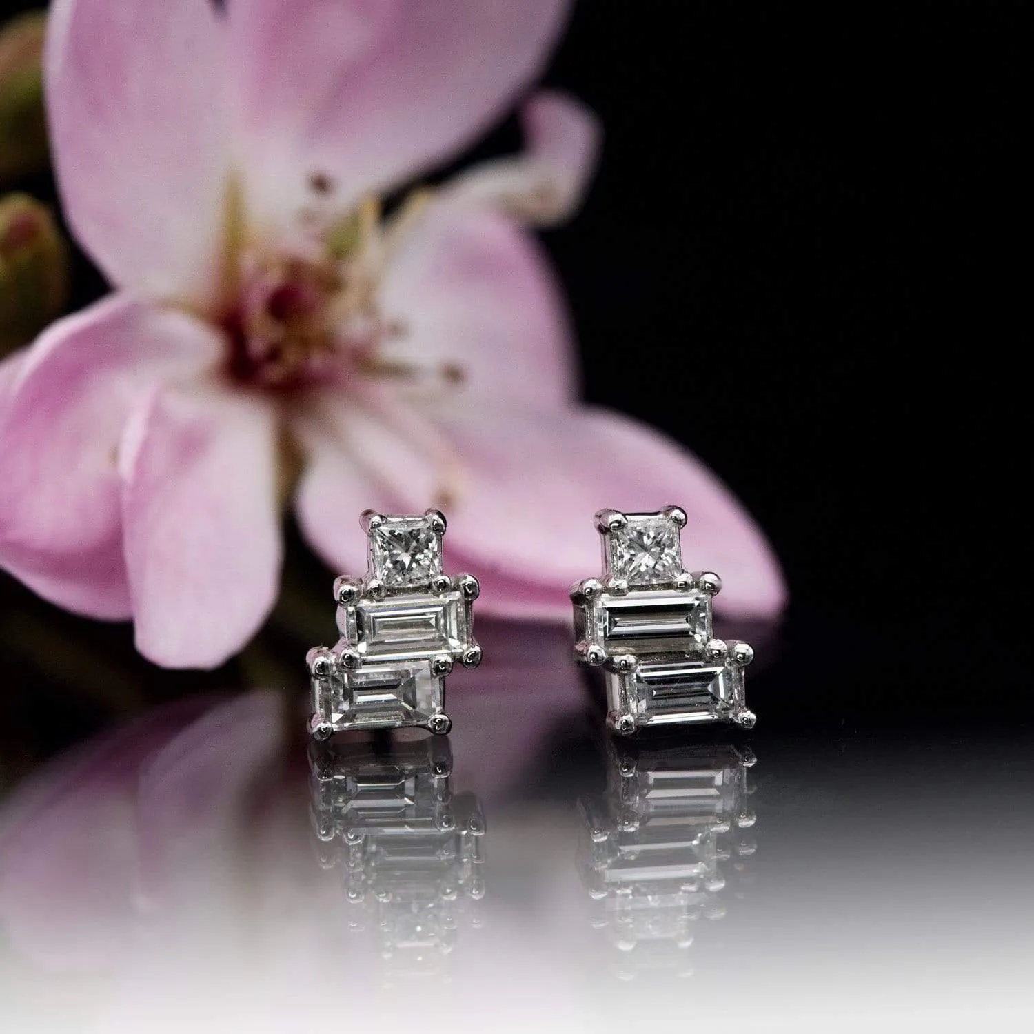 Geometric Art Deco Inspired Baguette and Princess Diamond Cluster Stud Earrings