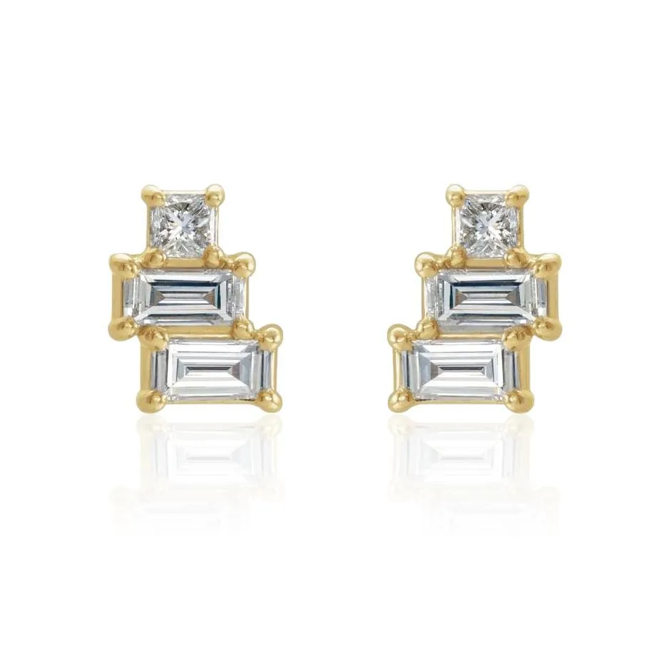 Geometric Art Deco Inspired Baguette and Princess Diamond Cluster Stud Earrings