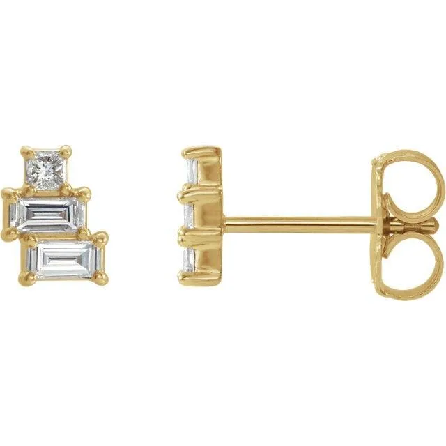 Geometric Art Deco Inspired Baguette and Princess Diamond Cluster Stud Earrings