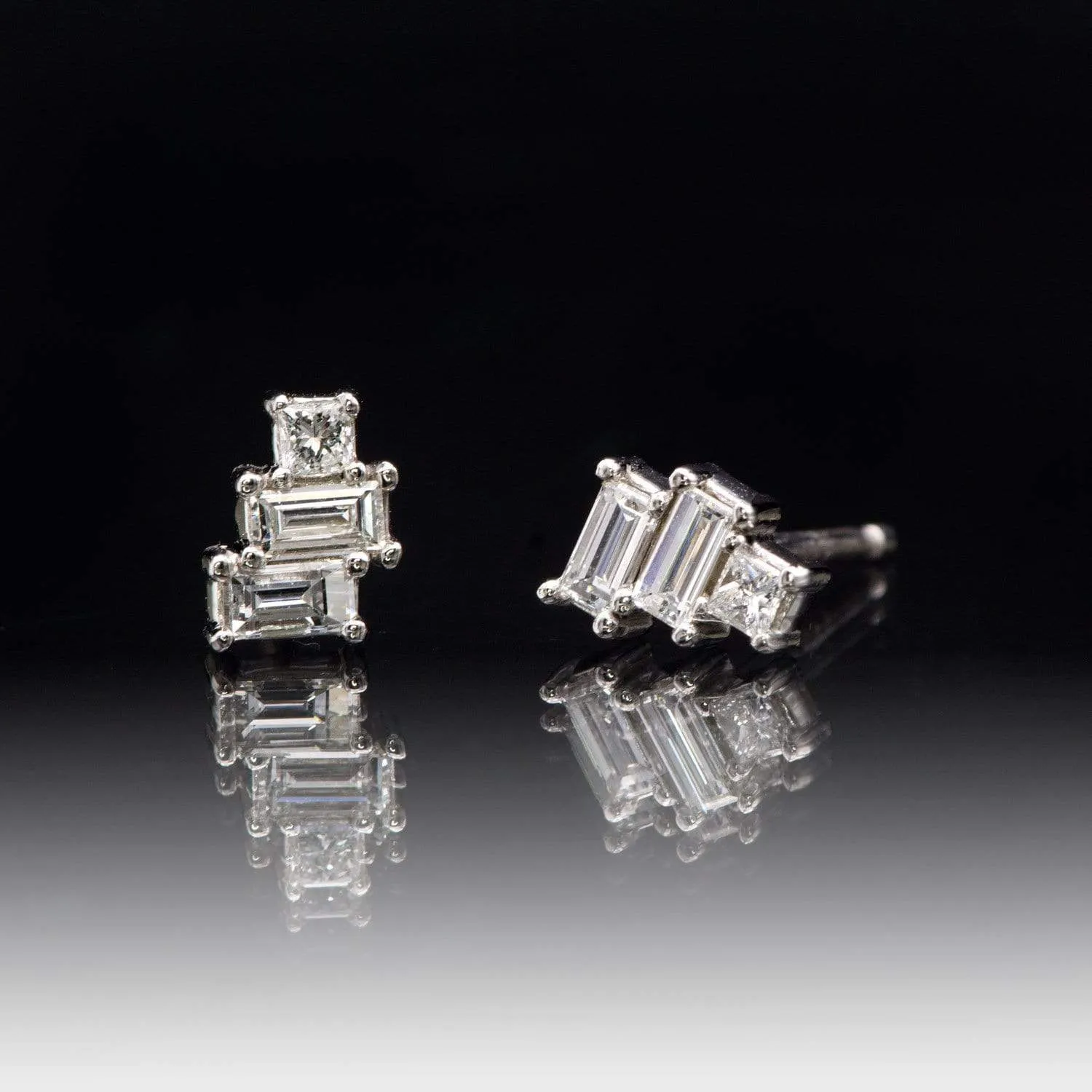 Geometric Art Deco Inspired Baguette and Princess Diamond Cluster Stud Earrings