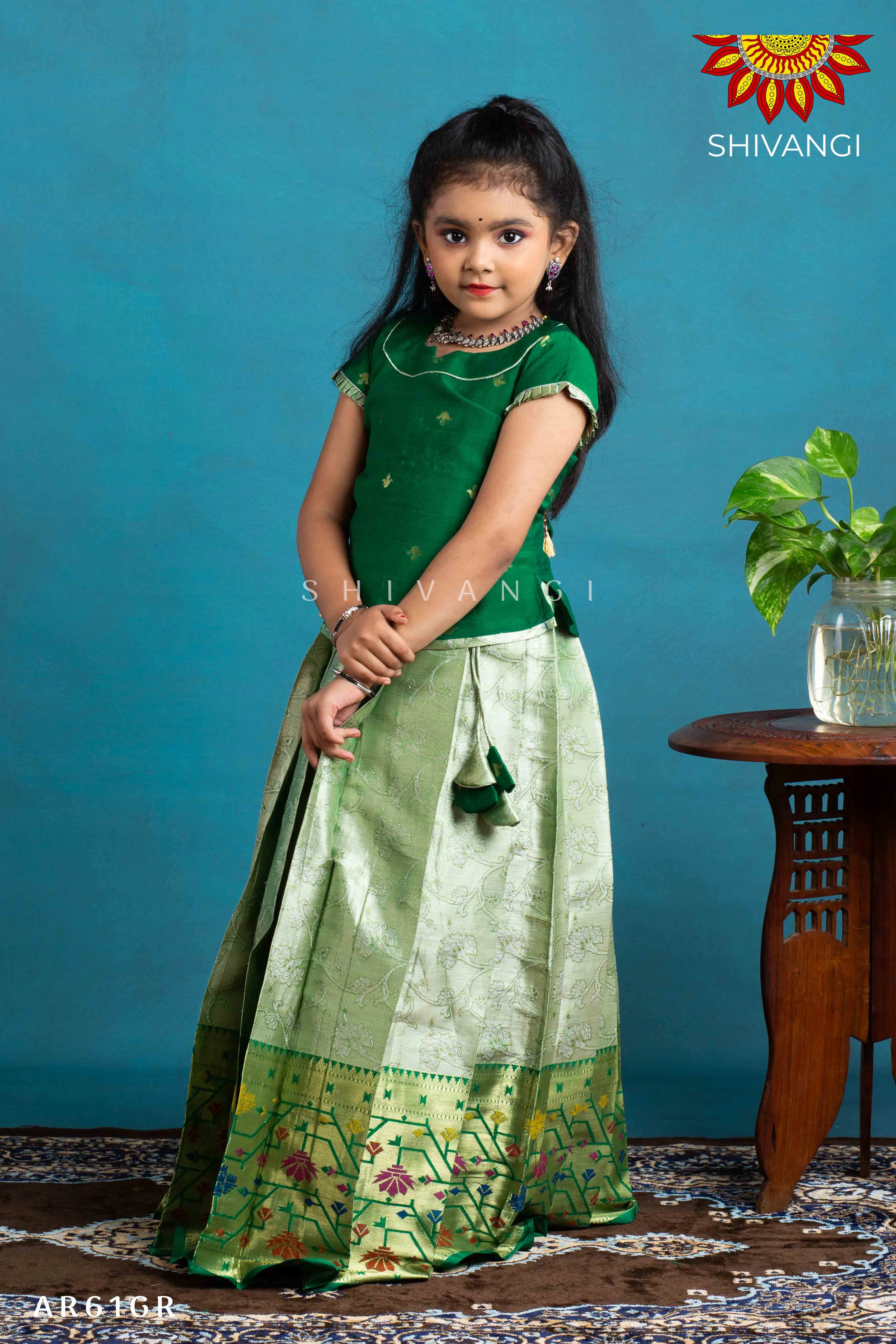 Girls Green Digital Lotus Pattu Pavadai