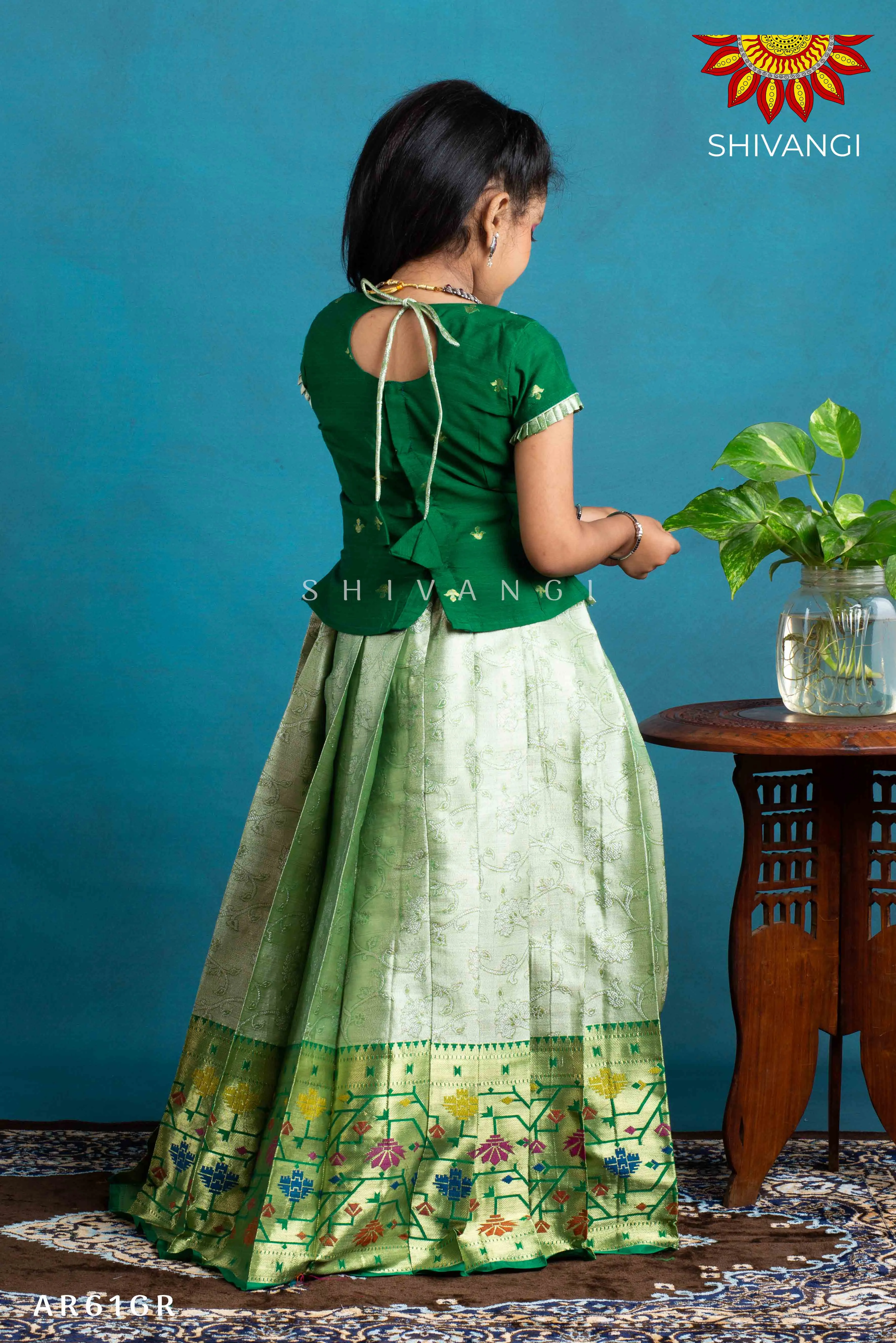 Girls Green Digital Lotus Pattu Pavadai