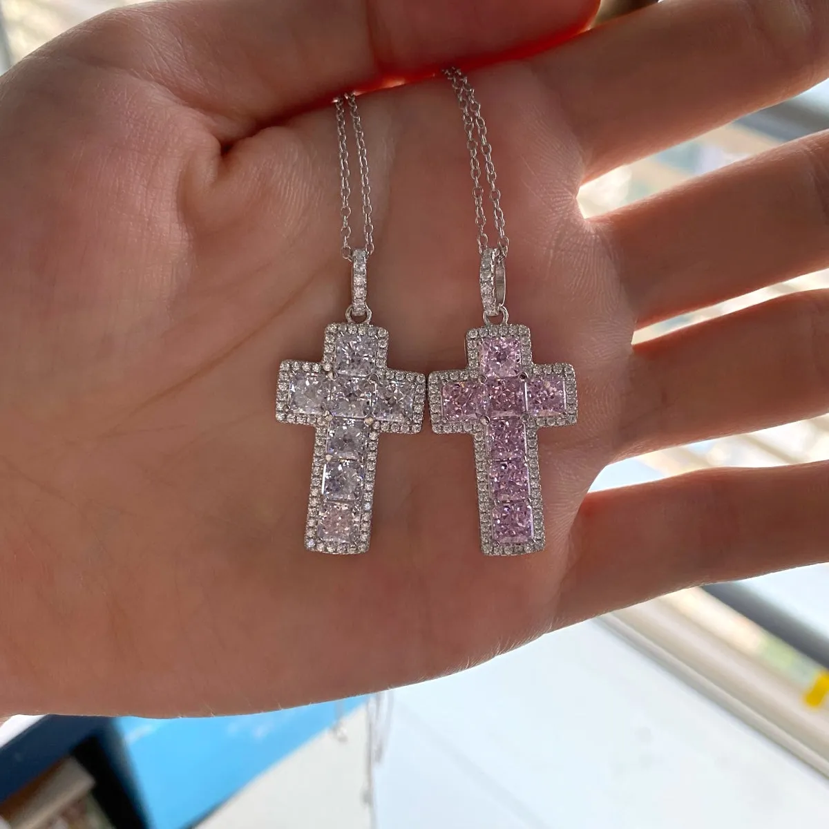 Icy Cross Necklace- Pink