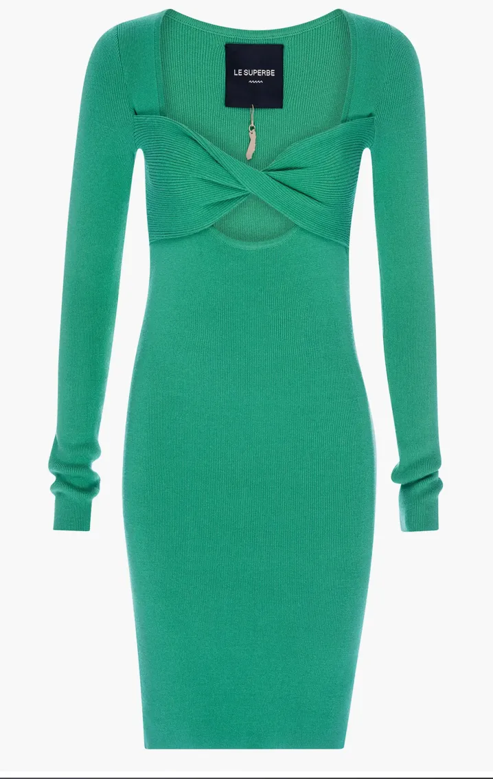 Le Superbe Retrograde Twist Front Long Sleeve Knit Dress Emerald