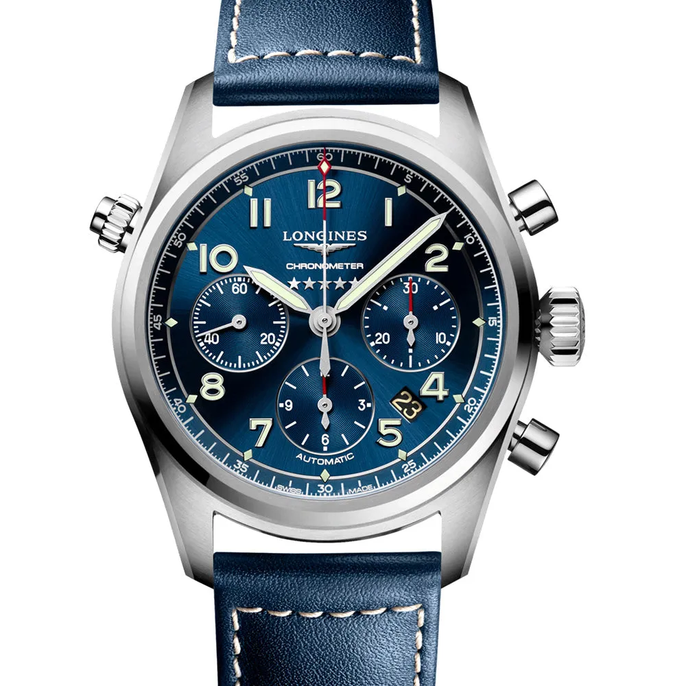 Longines Spirit 42MM Automatic Chronograph Blue Dial Leather Strap Watch L38204930