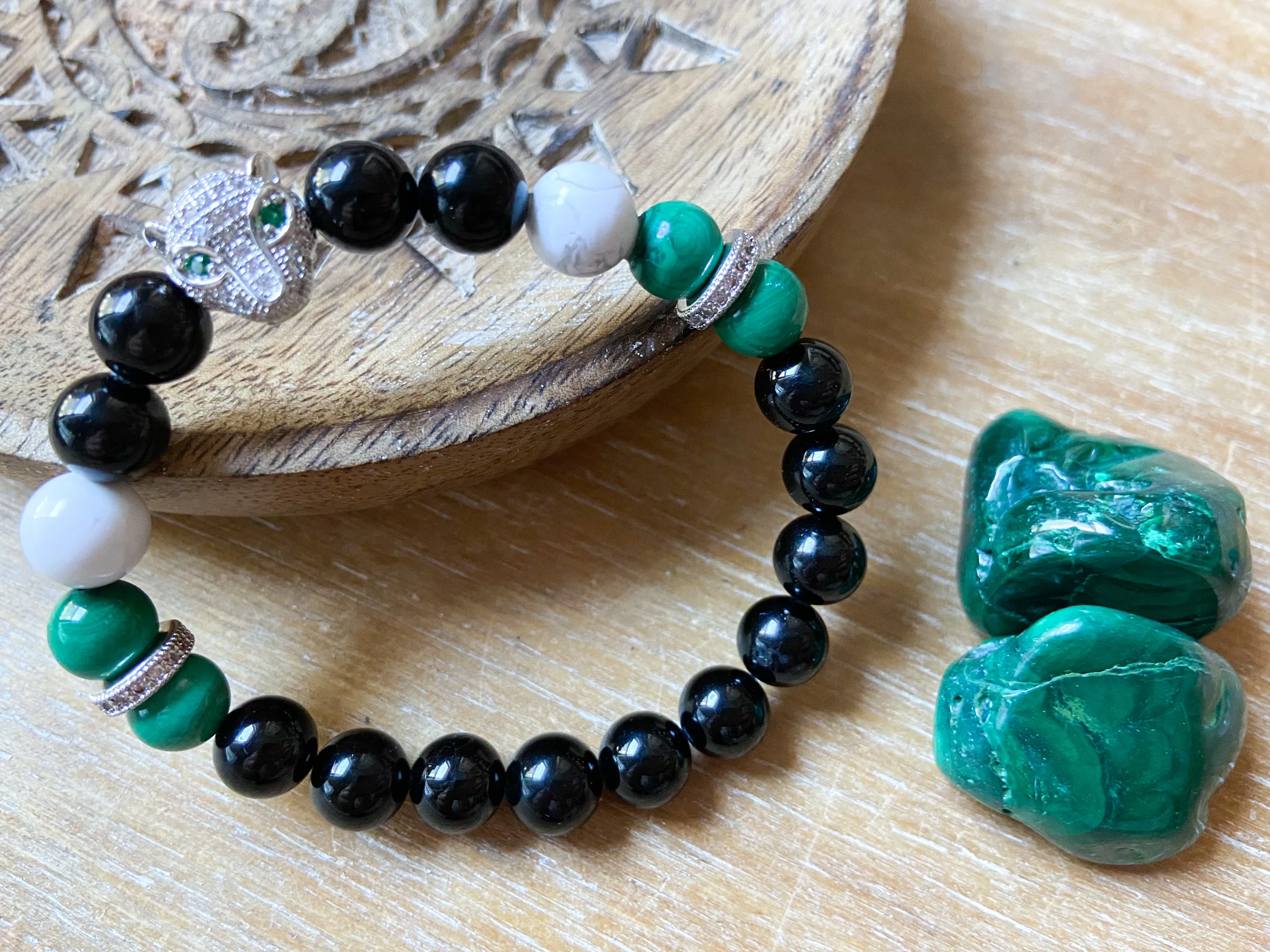 Malachite, Howlite & Tourmaline || Leopard Charm || Reiki Infused