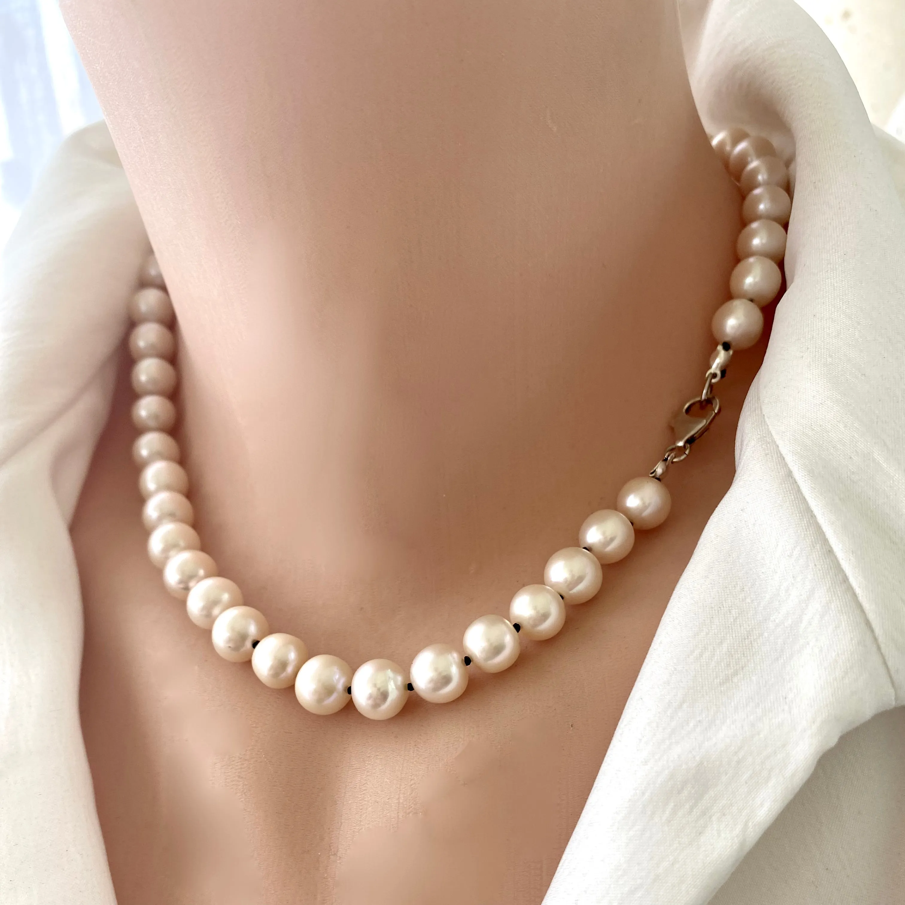 Off-White Pearl Choker Necklace, Sterling Silver, 16.5inches